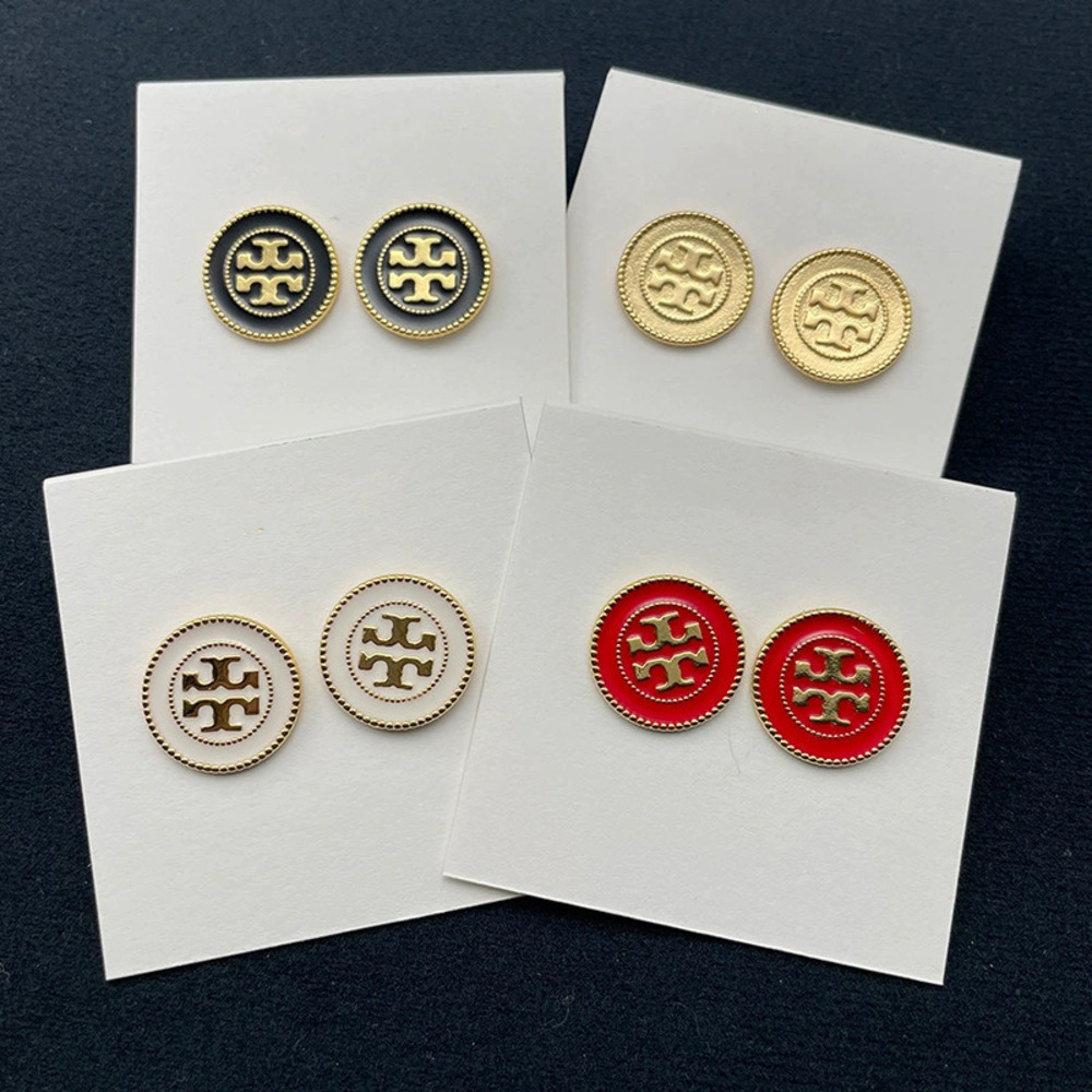Tory Burch Vintage Double Enamel Button Earrings Gold Plated Round Letter Studs